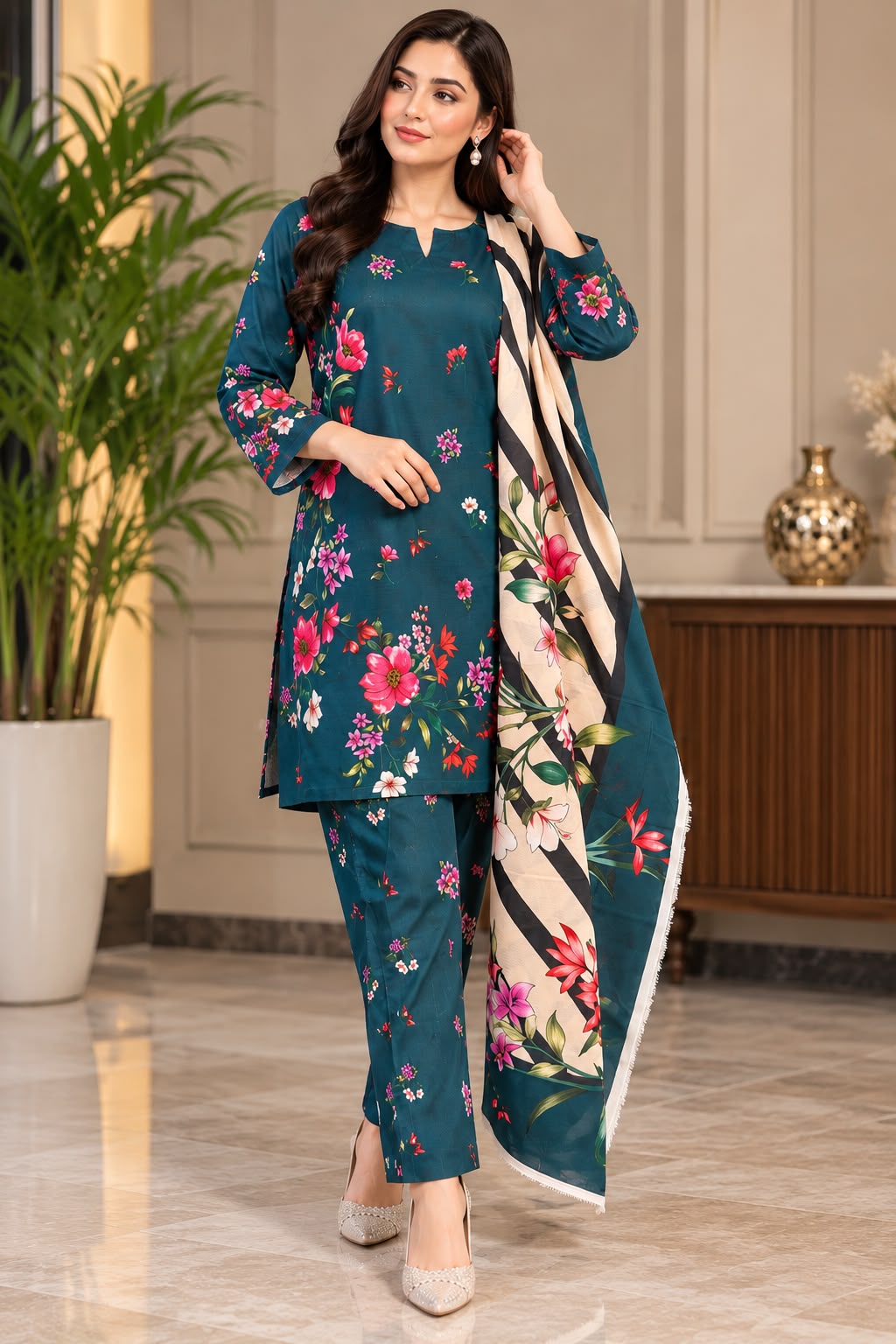 3-Piece Floral Printed Stitched Suit