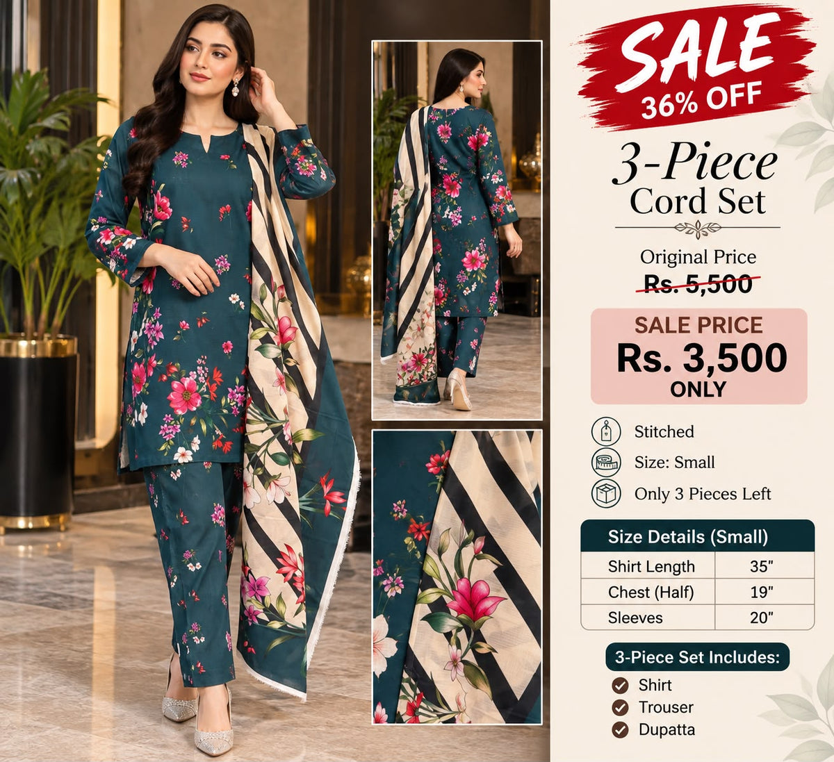 Teal green floral 3-piece stitched suit sale