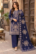 Navy blue 3-piece embroidered suit with embroidered dupatta