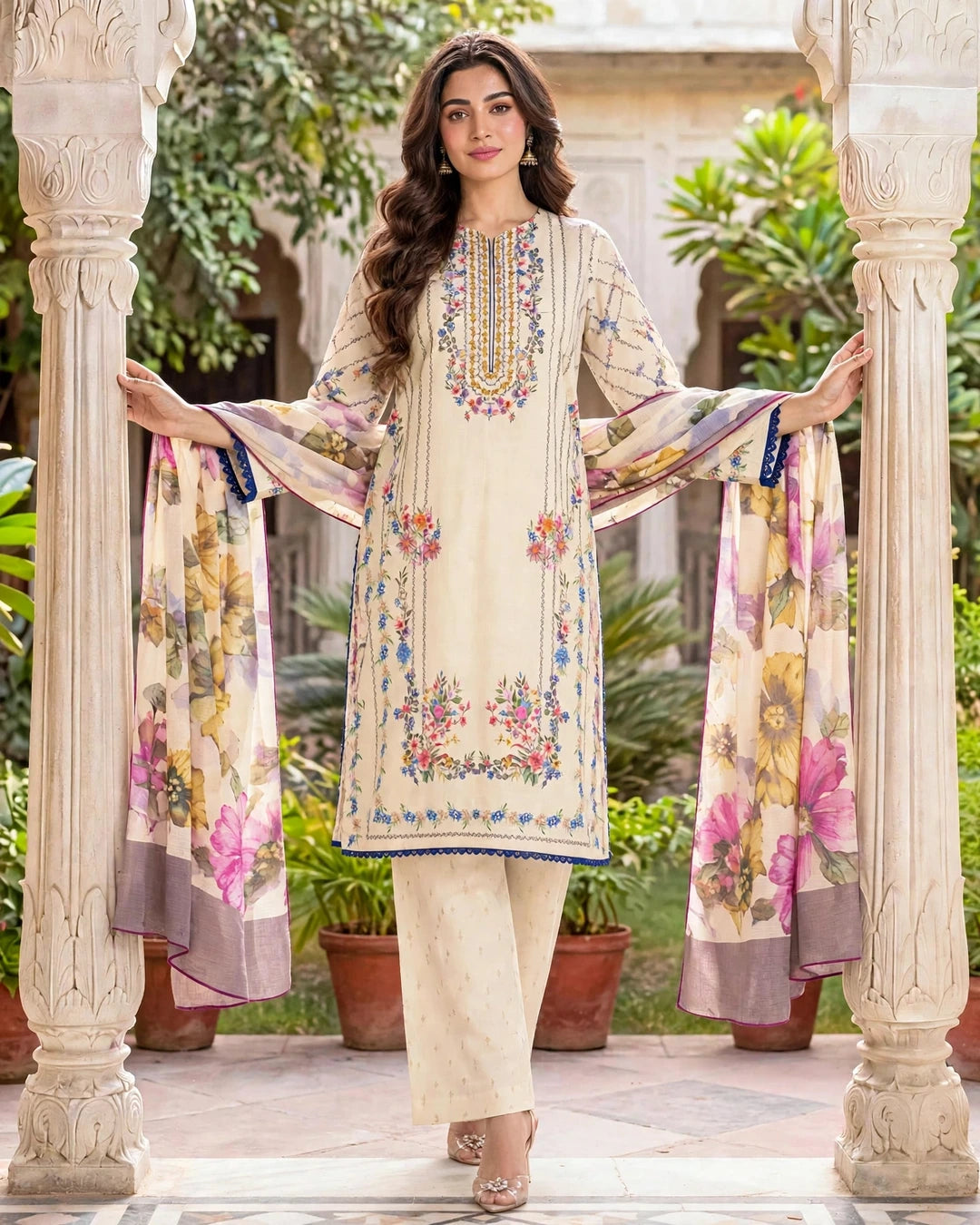 Cream Floral Print 3-Piece Suit