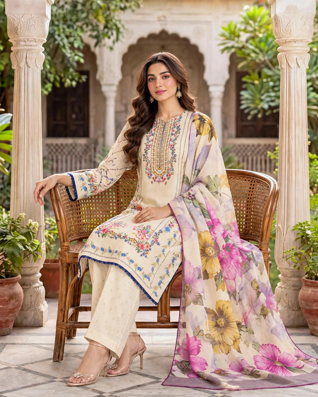 Cream Floral Print 3-Piece Suit