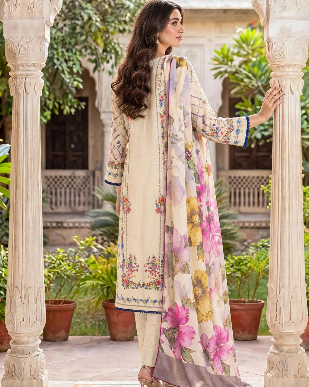Cream Floral Print 3-Piece Suit