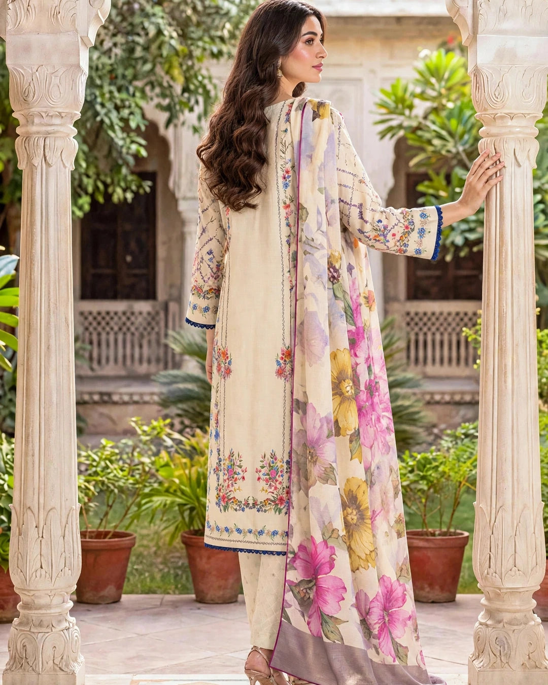 Cream Floral Print 3-Piece Suit