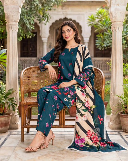 3-Piece Floral Printed Stitched Suit